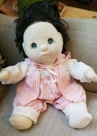 Vintage Mattel 1985 My Child Doll Girl Brunette Green Eyes Striped Seersucker