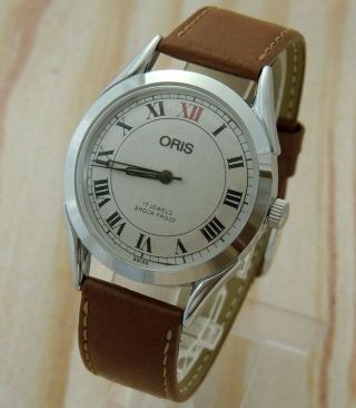 Vintage Oris Fhf 96 St Hand Winding Silver Dial Brown Leather Strap Mens Watch