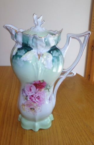 Rs Prussia Antique Chocolate Pot Iris Mold Green & White With Poppies Red Mark