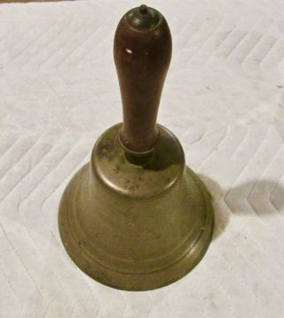 Antique Large Brass Hand - Held School Bell W/wooden Handle & Clapper