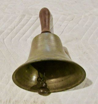 Antique Large Brass Hand - Held School Bell w/Wooden Handle & Clapper 2