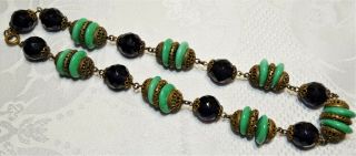 Art Deco Czech Peking Glass Necklace Green Amethyst Brass Filigree Antique Beads