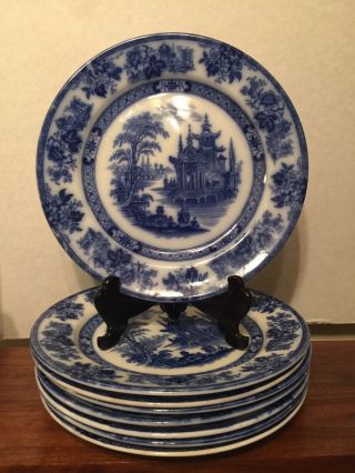 Set Of 8 Royal Doulton Flow Blue Madras 10 3/8” Dinner Plates Antique