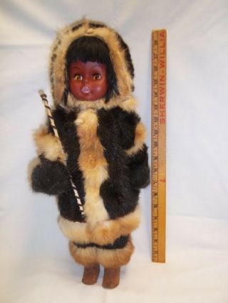 Vintage Eskimo Girl Doll With Sleepy Eyes 18 " Tall Rabbit Fur Trim