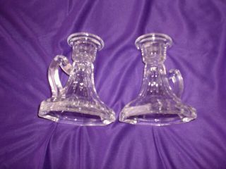 2 Vintage Clear Glass Candle Holders W/ Finger Loop - Holds A 1 " Wide Candle