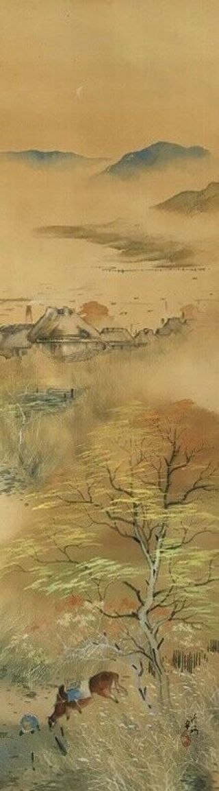 Japanese Hanging Scroll Kakejiku Landscape Hand Paint Silk Stamp Antique B147