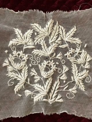 Gorgeous Antique Fond De Bonnet - Hand Embroidery On Tulle (1)