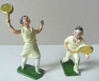 Pair Antique 1920s Tennis Toy Figures Man & Woman Cast Lead Racquet England