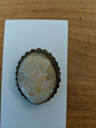 Lovely Antique/Vintage Woman ' s Profile Carved Shell Cameo Pin/Brooch 2