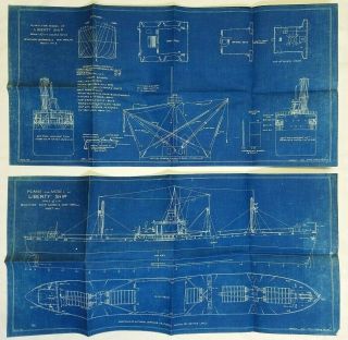 1947 Ww2 Liberty Ship Blueprint Plans 3 Sheets (1 Worn) 15 " X 30 " - Cargo Boat