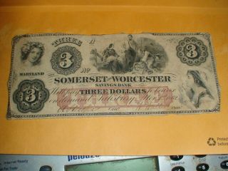 Antique Obsolete 1862 $3 Somerset Worcester Savings Bank Note Maryland