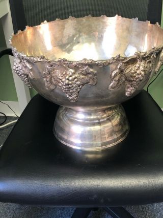 Vintage Silver Plate Large Punch Bowl Wine Cooler Applied Grapes