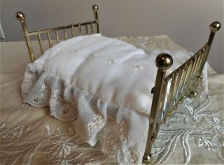 Vintage Brass Dollhouse Miniature Double Bed With White Embroidered Bedspread