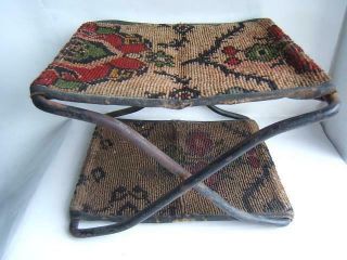 Antique Cast Iron & Carpet Folding Foot Stool W/ Maker 