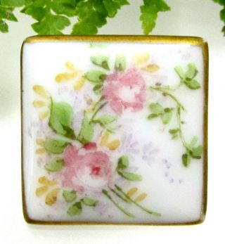 Lovely Signed Limoges France Square Porcelain Button W/ Hand Painted Flowers B22