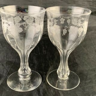 Vintage Wine/water Glass Optic Grapevine Etched Hollow Stem Pair Stemware