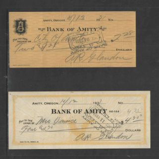 1929 - 1931 Bank Of Amity Oregon 8 Different Antique Checks,  Bank History