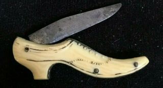 Antique Pocket Knife Foldable In Shape Of Shoe Celluloid,  Unusual Yellow Color