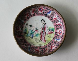 Vtg Antique Chinese Floral Small Dish Painted Enamel Plate Man Woman