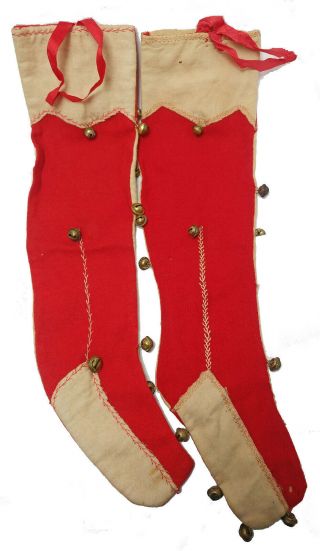 Antique Pair 19 " Long Wool Red Creme Christmas Stockings With Bells C1900 (?)