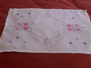 Vintage White Linen 11.  5 " X 17 " Table Cloth/tray/ Hand Embroidered Floral Motif