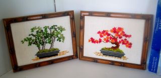 Lp17 (j12) Vintage Embroidery Oriental Bonsai Tree Bamboo Framed Set For Wall
