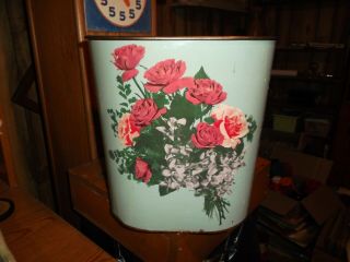 Vintage Waste Basket Shabby Chic Green Metal Rose Flower Tole Bathroom Trash Can