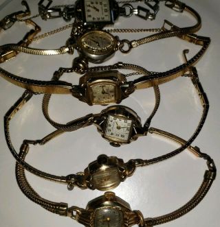 6 Vintage Ladies Bulova Hamilton Cort Waltham Wrist Watches 10k Gold Filled Est