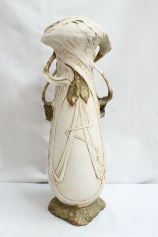 Art Nouveau Royal Dux Twisted Gold Leaves Berries Stylized Handle Porcelain Vase