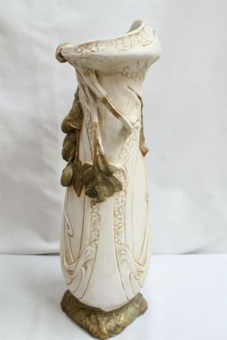 Art Nouveau Royal Dux Twisted Gold Leaves Berries Stylized Handle Porcelain Vase 4