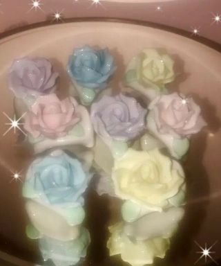 Antique Porcelain Set Of 8 Place Card Holders Pastel Roses Japan Enesco