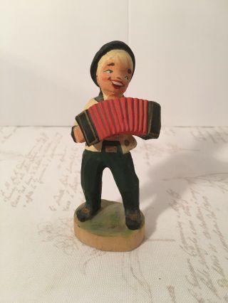 Vintage Henning Norway Hand Carved Wood Figurine Boy With Accordion