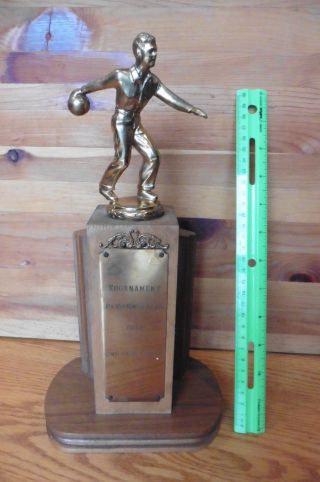 1953 Antique Trophy Bowling Tournament Vintage Wooden & Brass Award Putnam Ny