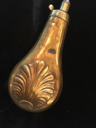 Vintage Antique Copper Brass Gun Powder Horn Flask Case High Relief Shell 7 1/2”