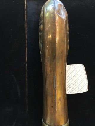 Vintage Antique Copper Brass Gun Powder Horn Flask Case High Relief Shell 7 1/2” 7