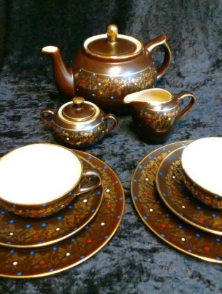 Antique German Bunzlau Germany Brown Earthenware Ceramic Tea For 2 Set