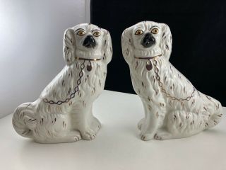 Antique White With Gilt Matching Paired Set Of Staffordshire Spaniel Dog Figures