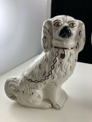 Antique White With Gilt Matching Paired Set of Staffordshire Spaniel Dog Figures 5