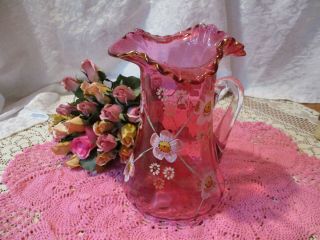 Antique " Jefferson " Glass Rose Pitcher W/ Hand Painted Floral Design - 1903 - 06