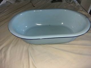 Antique Enamelware Baby Bath Tub Basin Baby Blue W/navy Stripe.  Large