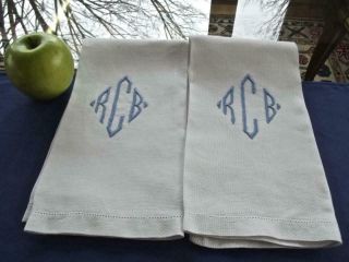 2 Antique White Huck Linen Bath Face 17x23 Towels Blue Monogram Rcb Hemstitched
