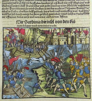 1514 Livy - Post Incunabula Handcol.  Woodcut Leaf - Romans Attack Sardinia