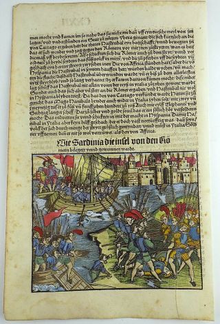 1514 LIVY - POST INCUNABULA handcol.  woodcut leaf - Romans attack Sardinia 2