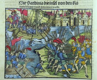 1514 LIVY - POST INCUNABULA handcol.  woodcut leaf - Romans attack Sardinia 3