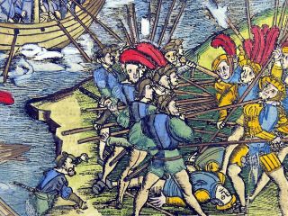 1514 LIVY - POST INCUNABULA handcol.  woodcut leaf - Romans attack Sardinia 4