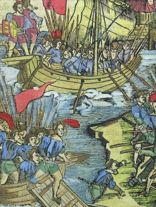 1514 LIVY - POST INCUNABULA handcol.  woodcut leaf - Romans attack Sardinia 5