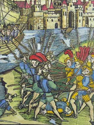 1514 LIVY - POST INCUNABULA handcol.  woodcut leaf - Romans attack Sardinia 6
