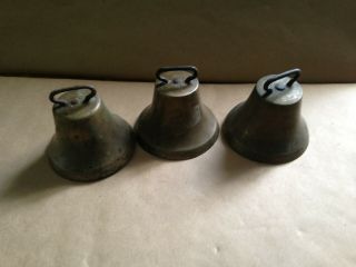 3 Antique Primitive 3 " Solid Brass & Cast Iron Bells Farm Cow Bell