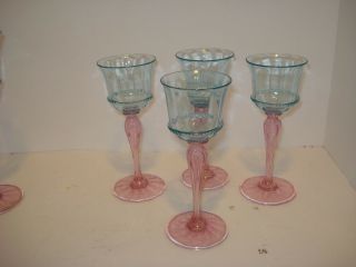 4 - Venetian Glass Wine Goblet Antique Stem Hand Blown Pink & Blue 6 1/2 "