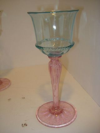 4 - VENETIAN GLASS WINE GOBLET ANTIQUE STEM HAND BLOWN Pink & Blue 6 1/2 